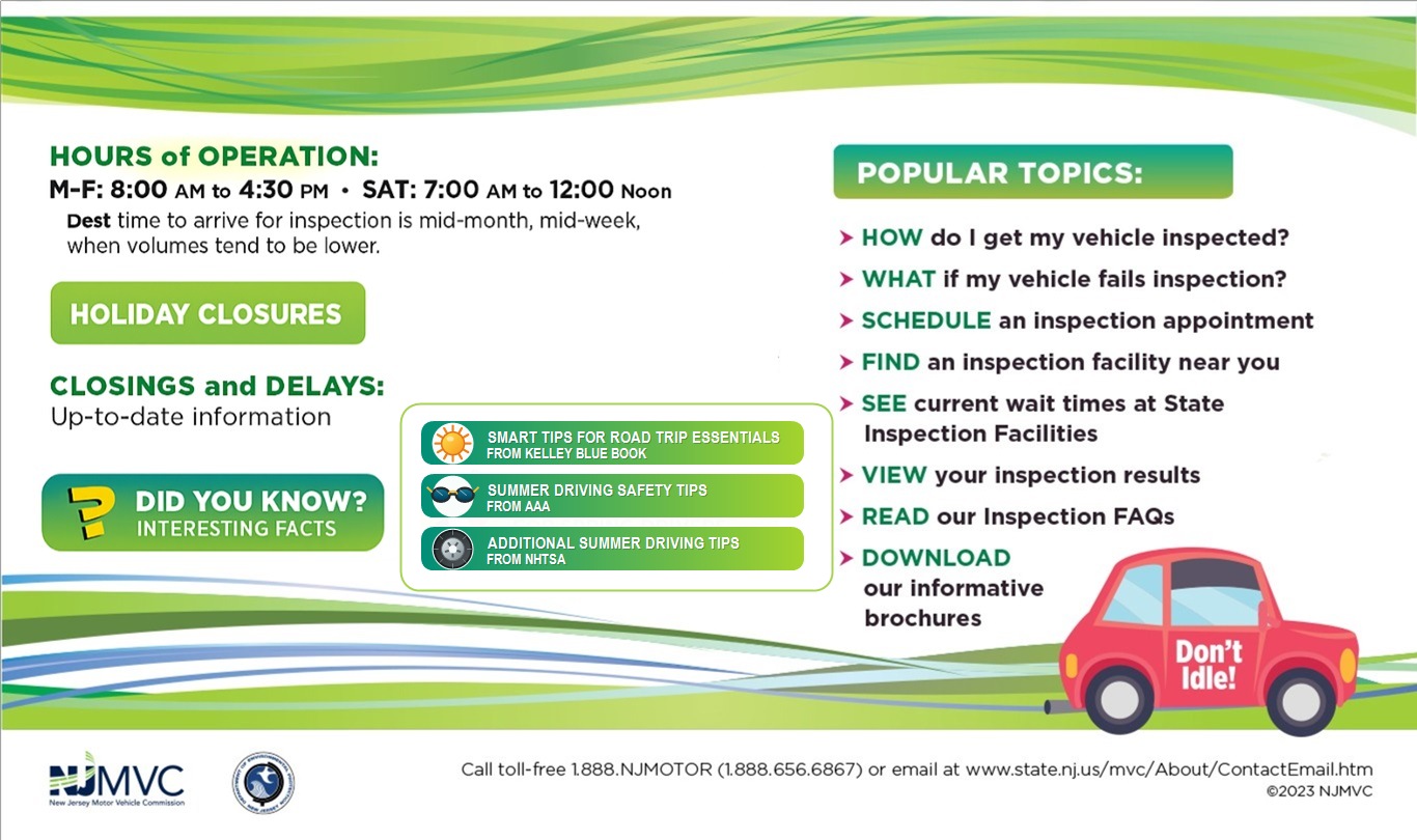 NJ MVC inspection information, holiday closures, and summer smart tips